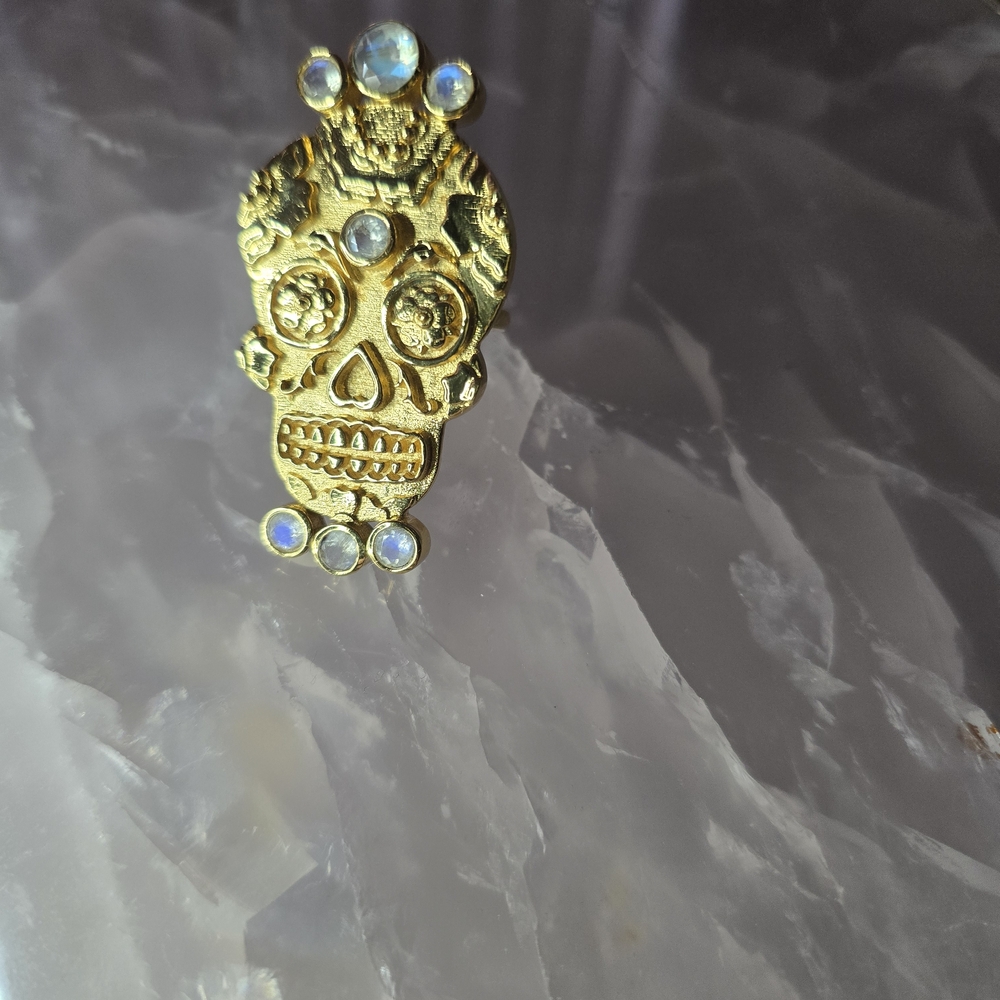 Gold Skull Ring with Blue Accents